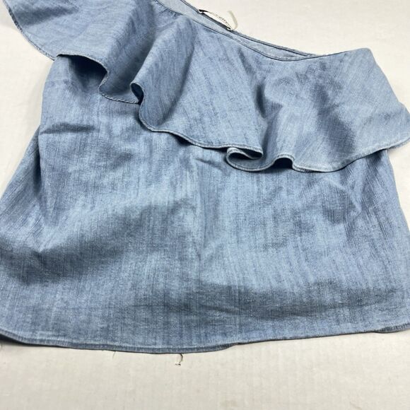 Alice + Olivia One Shoulder Chambray Top Linen Blend Ruffled Blue Shirt Large - Picture 2 of 9